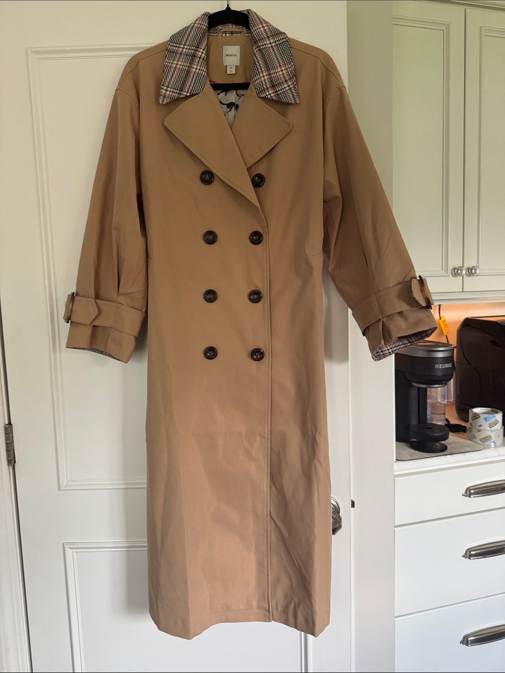 Maeve- Anthropologie  Double-Breasted Tan Trench Coat with Plaid Collar